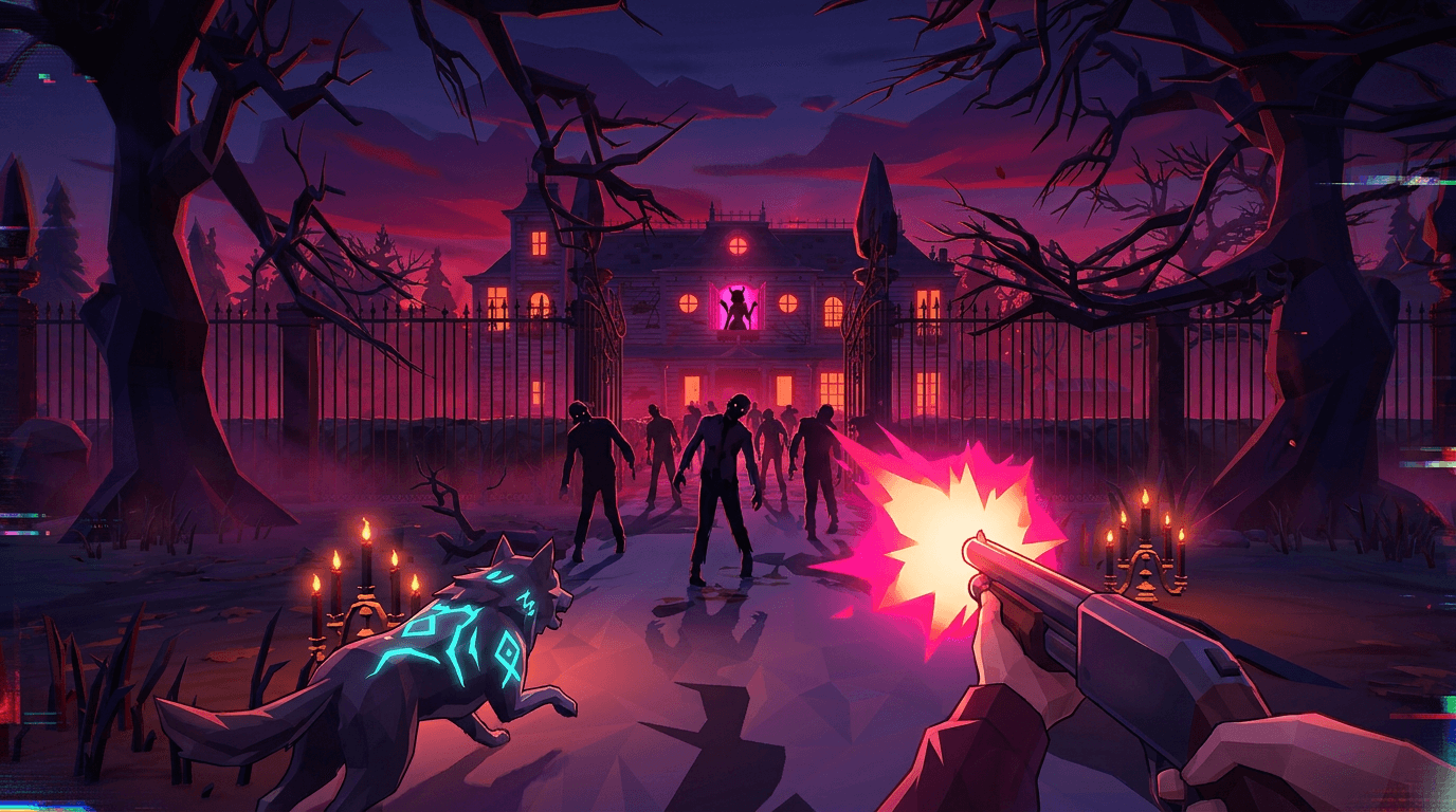 Succubus Siege gameplay — first-person shooter: fight the horde of her dead exes, wolf at your side, to reach the mansion