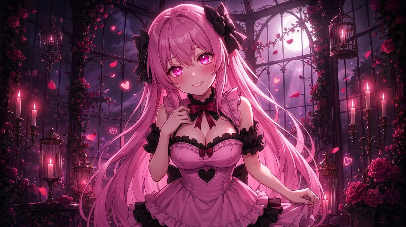Survive Her — Yuna, the pink-haired yandere, smiling in a candlelit gothic rose conservatory