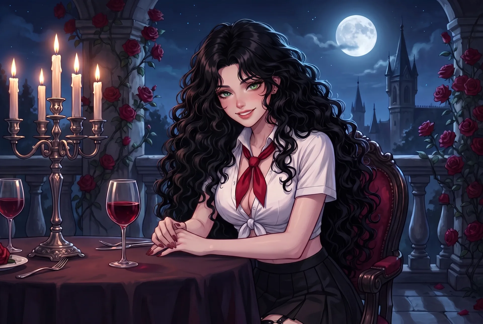Ava espera al otro lado de una mesa iluminada por velas en Date Night