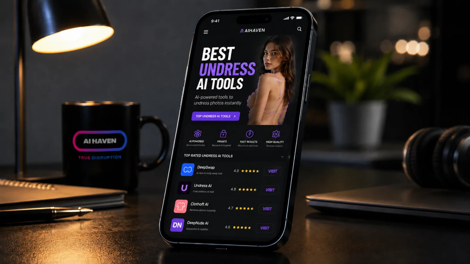 La guía de AI Haven sobre las mejores herramientas de IA para desnudar, abierta en un móvil sobre un escritorio
