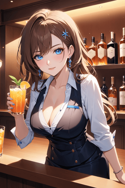 Arte de uma bartender em estilo anime exibida no Venus Chub AI