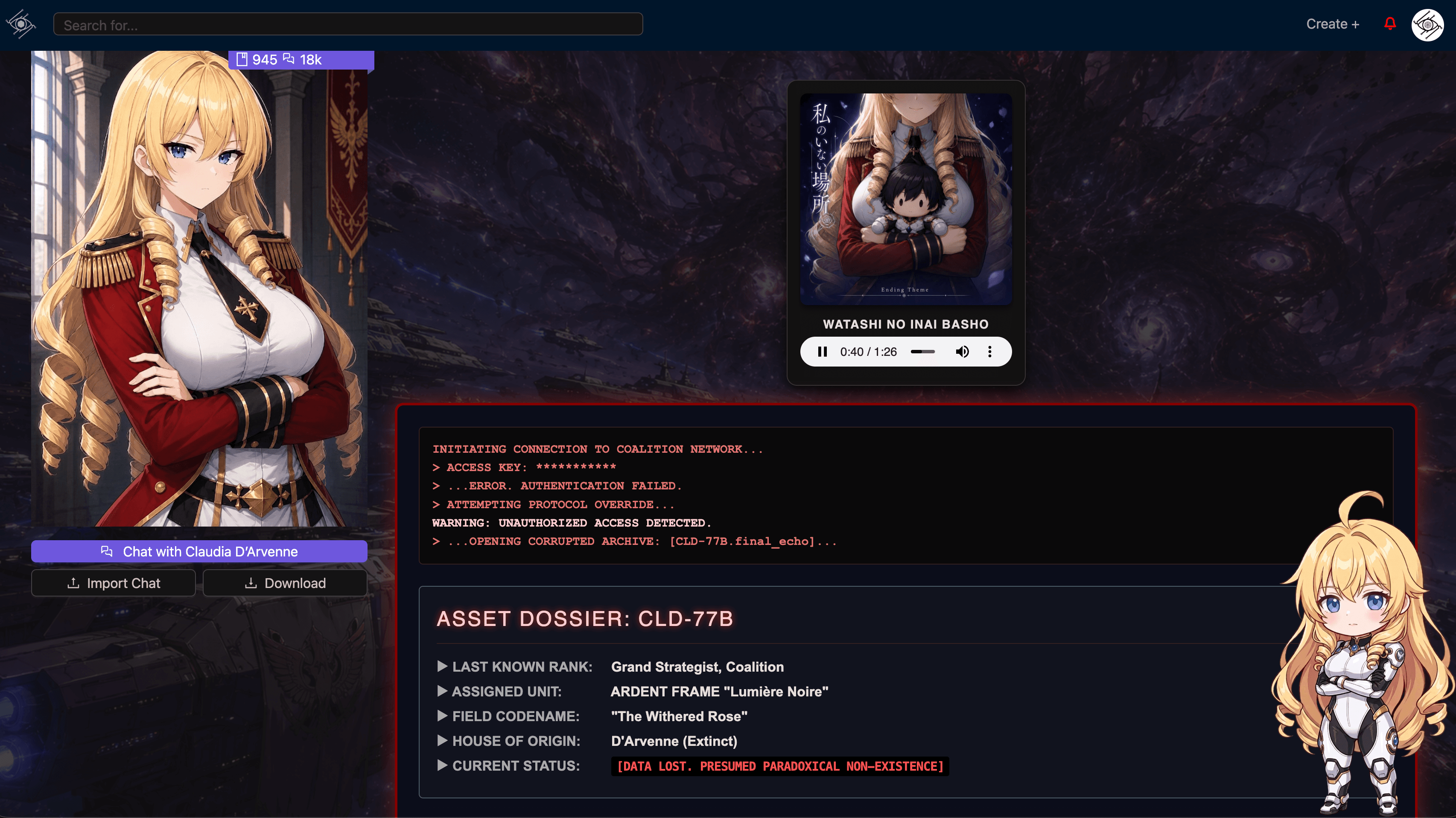 Página de personagem do Chub AI com arte, entrada do chat, downloads, áudio e stage personalizado