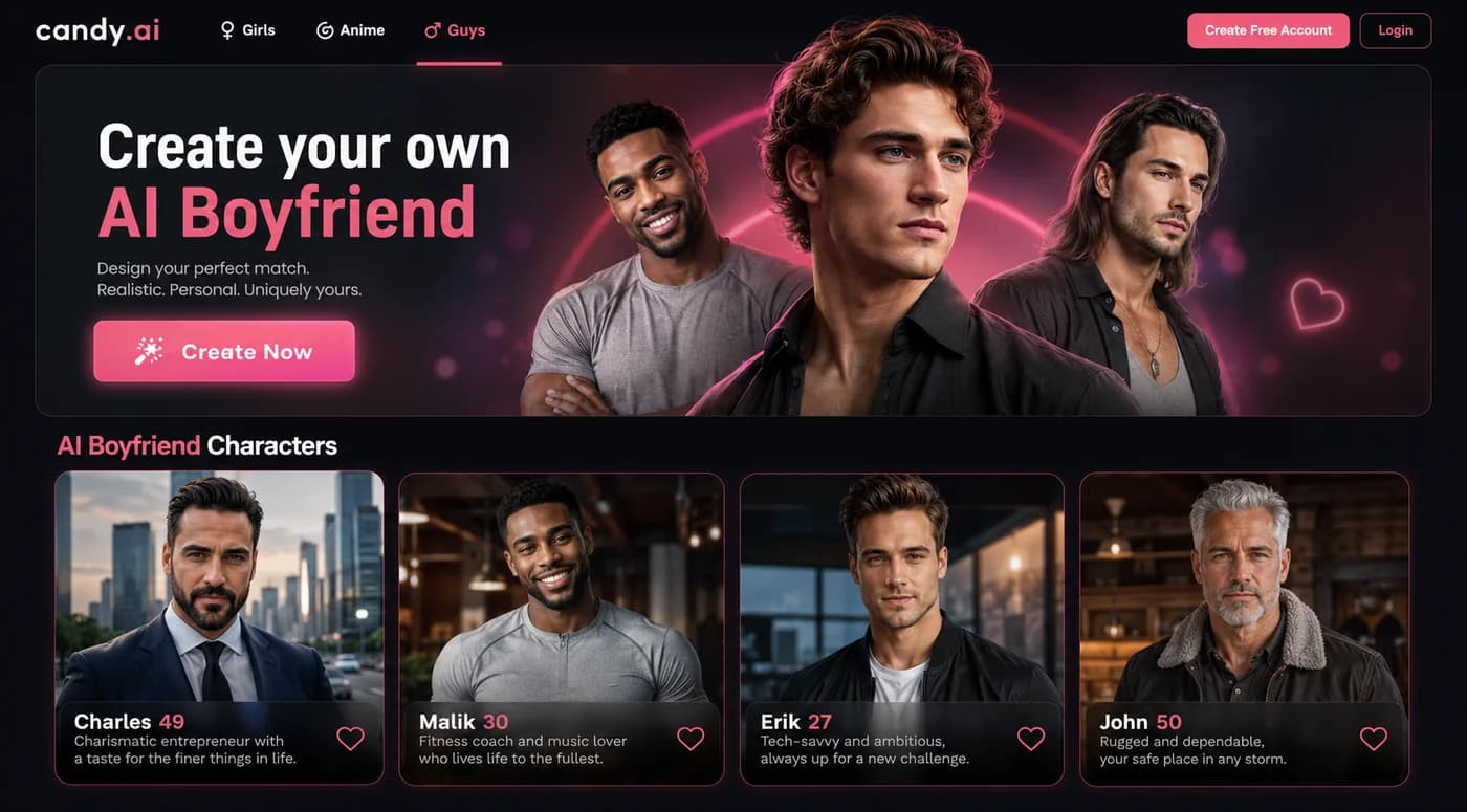 Candy AI Guys tab with the AI Boyfriend builder and male character cards showing ages and personality summaries