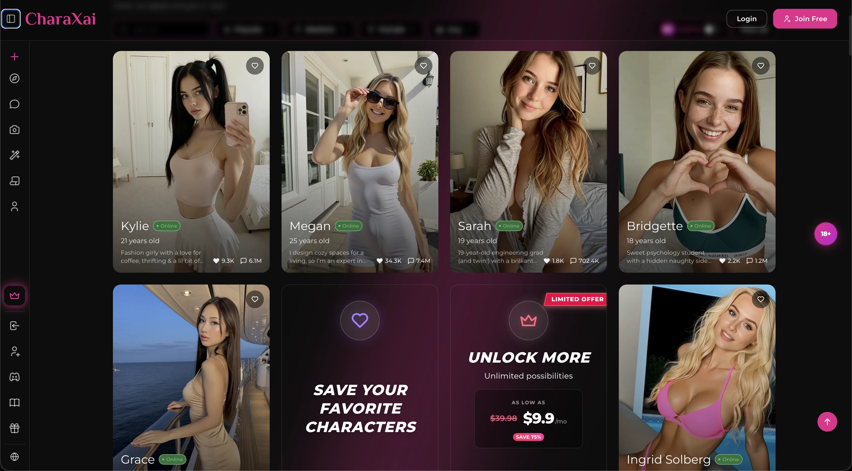 CharaxAI companion discovery page showing realistic adult AI characters and navigation for chat and media tools