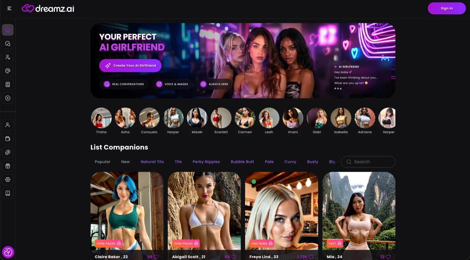 Dreamz.ai companion catalogue and AI girlfriend creation interface