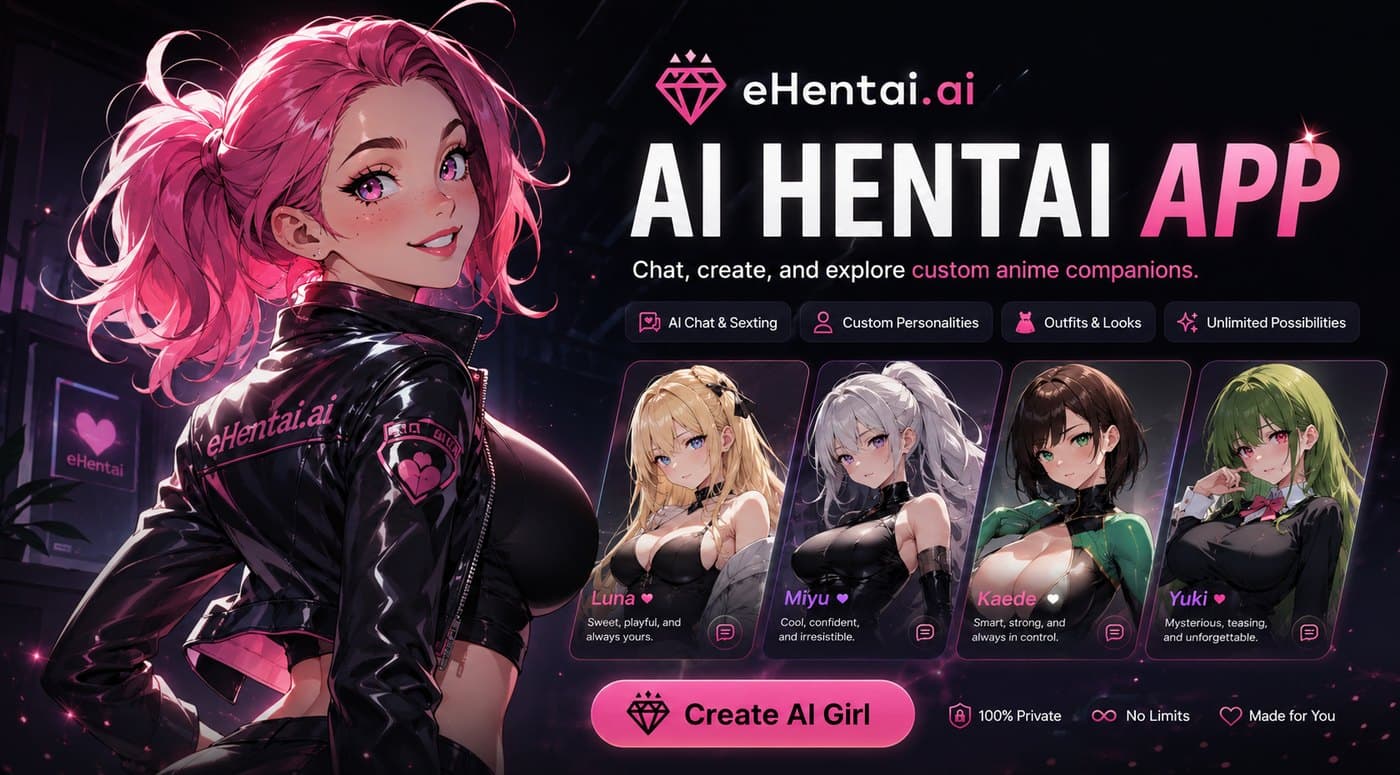 The eHentai.ai AI hentai app promoting chat, custom personalities and outfit control with four anime companion cards