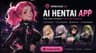 The eHentai.ai AI hentai app promoting chat, custom personalities and outfit control with four anime companion cards