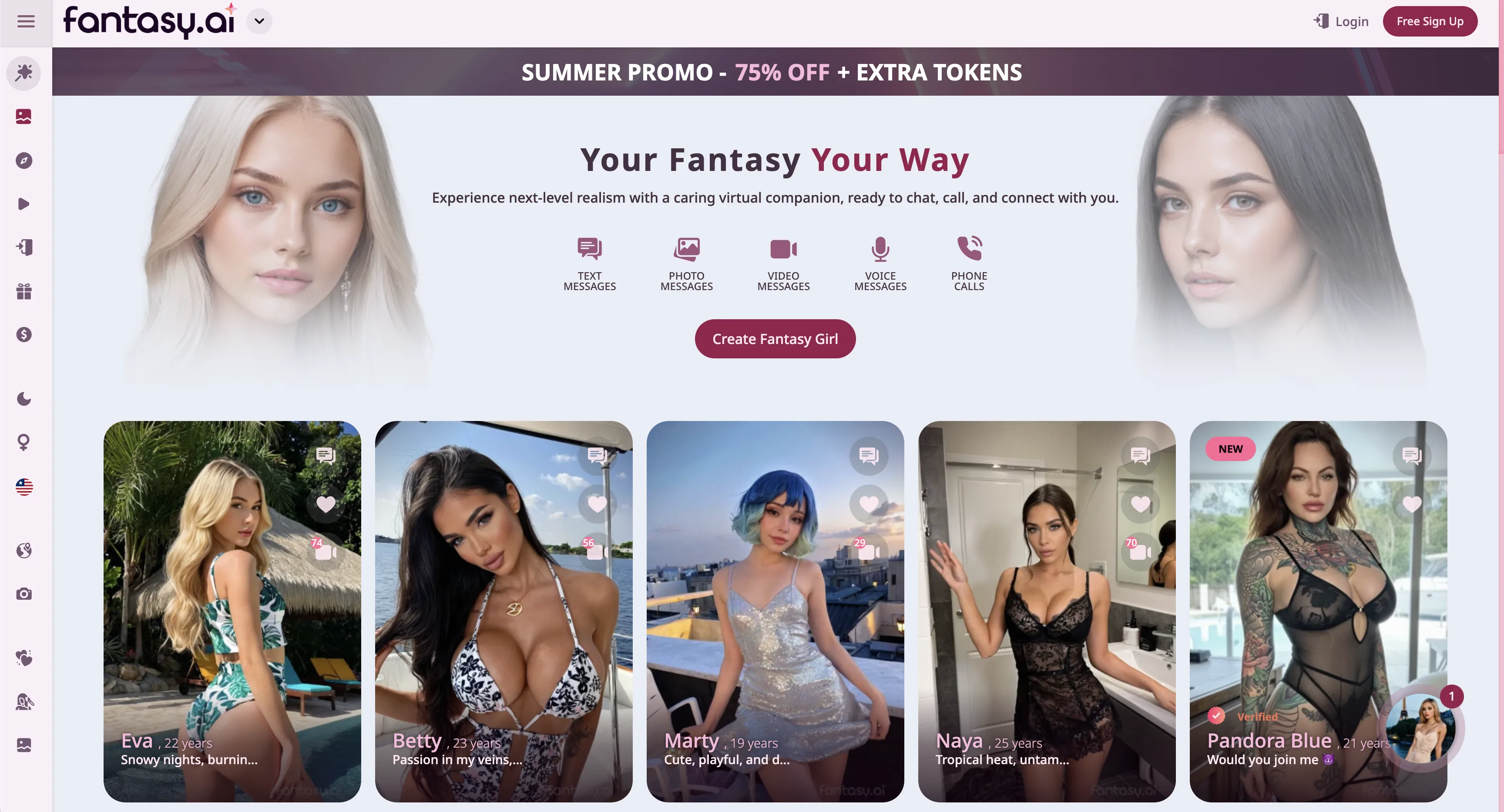 Fantasy AI homepage showing photo, video, voice, and phone-call features above its companion catalog