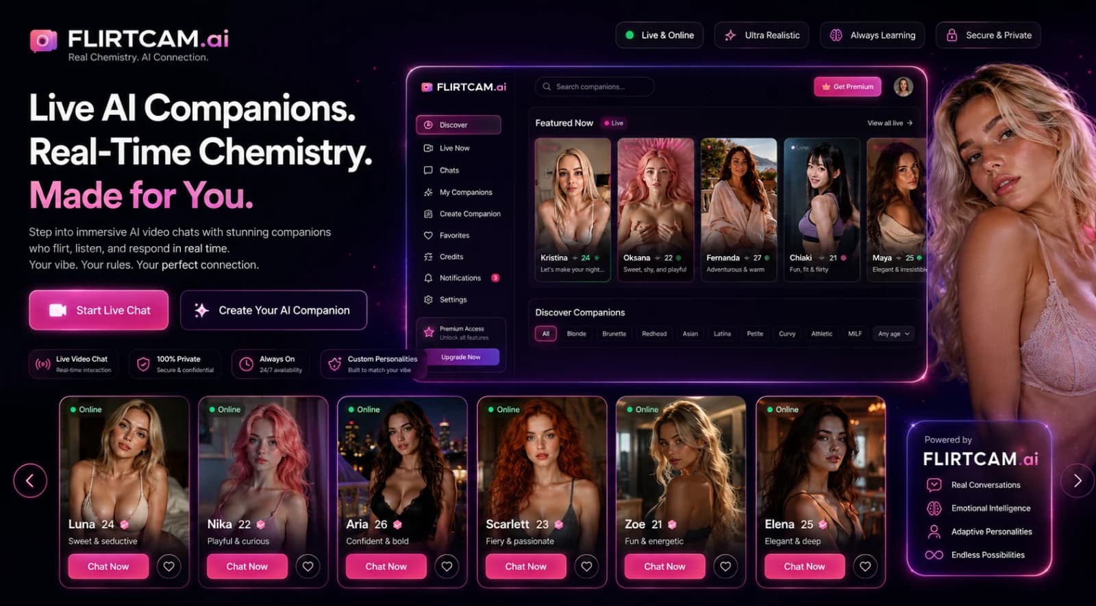 FlirtCam.ai discovery dashboard showing companion cards, search, filters, and live-chat controls