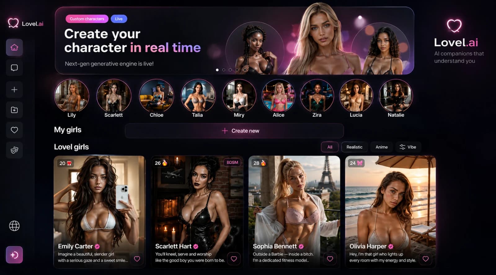 Lovel.ai companion catalogue and custom character creation interface