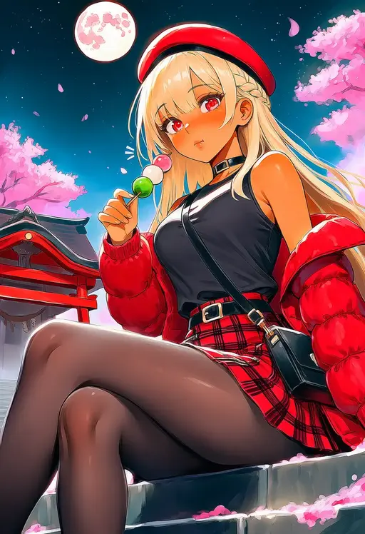 Blonde anime woman holding dango beneath cherry blossoms and a full moon in NovelAI artwork