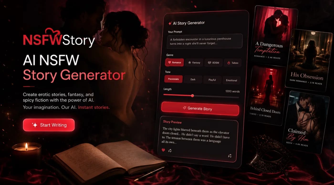 NSFWStory's generator with genre and tone presets, a story length slider set to 1,200 words, and a preview of the passage it returns