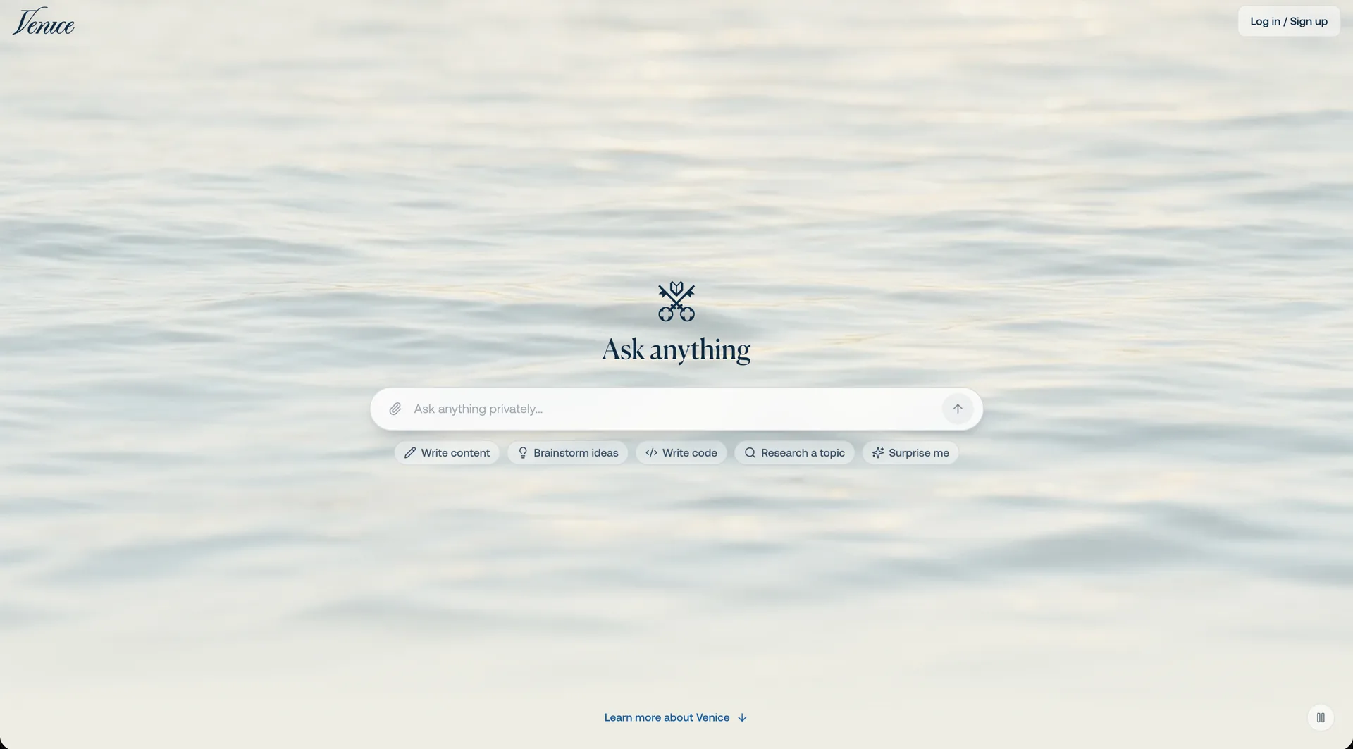 Venice.ai home screen with the Ask anything privately prompt box and shortcuts for writing content, code and research