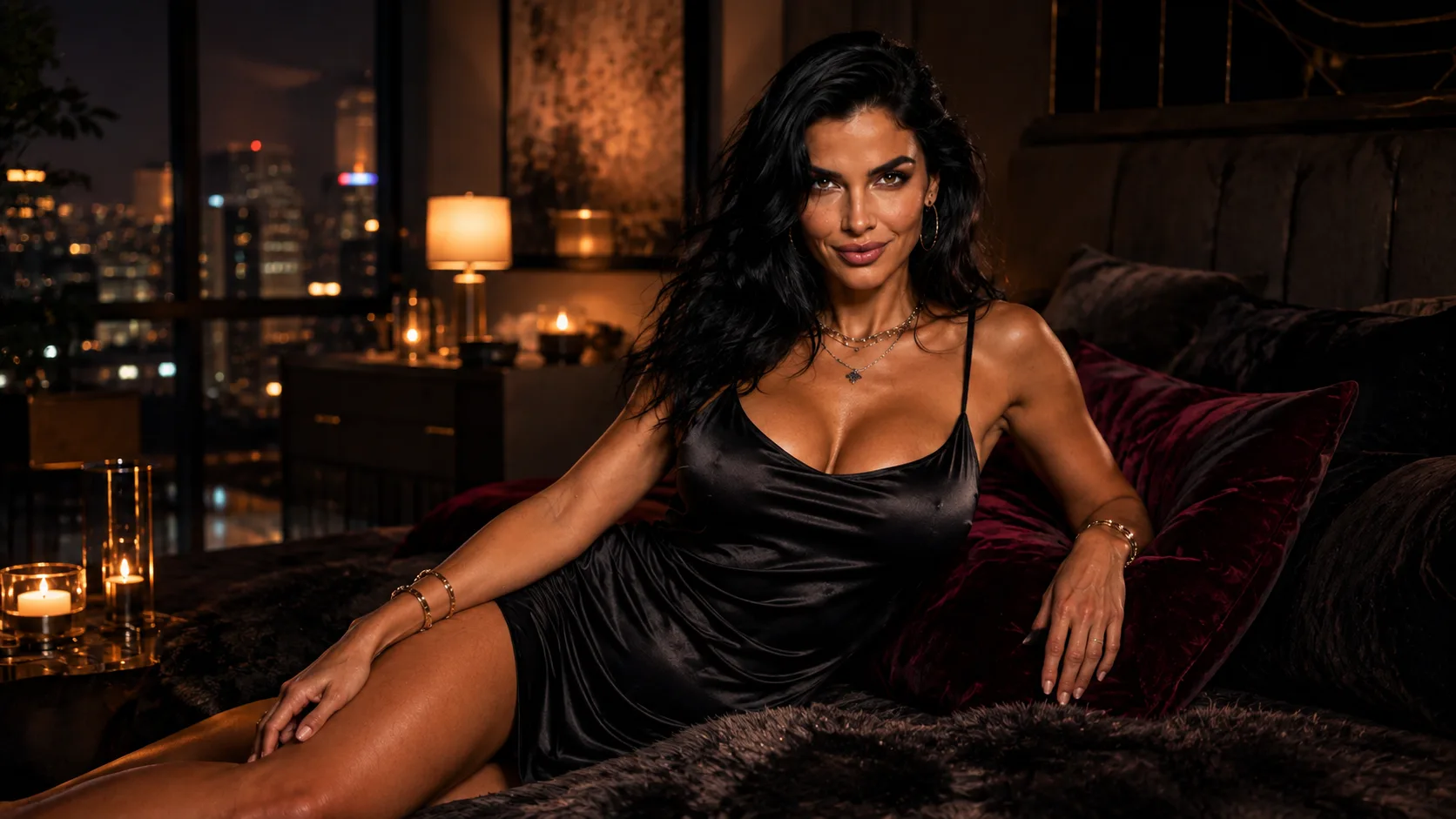 AI companion in a black satin slip dress reclining on a bed in a candlelit apartment overlooking a night skyline