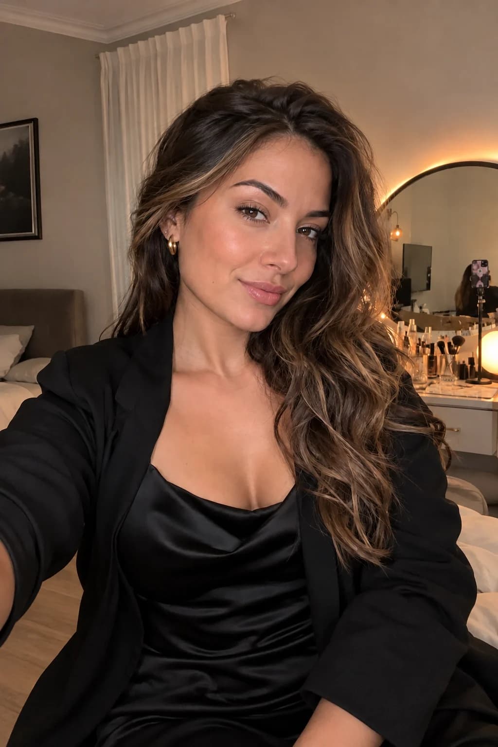 Kinku image of a fictional adult brunette in a black outfit in a bedroom.