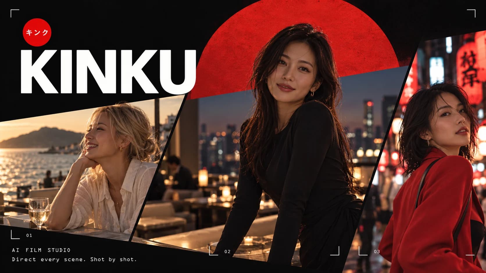Kinku Film Studio brand artwork with three fictional adult women in seaside and city settings.