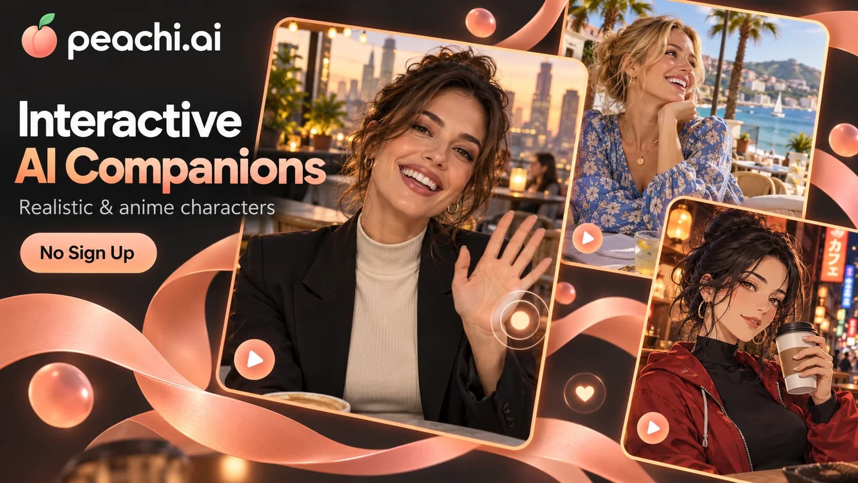 Peachi AI brand artwork showing realistic and anime adult characters with interactive companion branding.