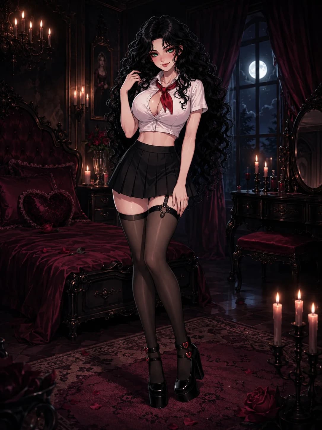 Ava in her candlelit gothic bedroom — long black curls, green eyes, goth schoolgirl outfit, surrounded by roses and a canopy bed