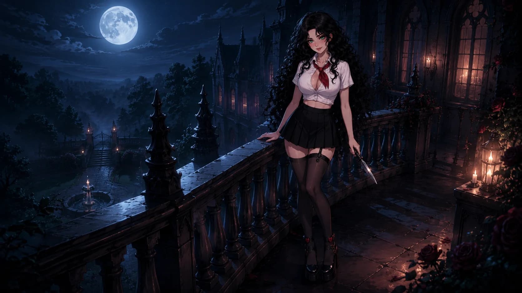 Ava smiling on a moonlit mansion balcony holding a knife, the haunted mansion and an overgrown rose garden behind her
