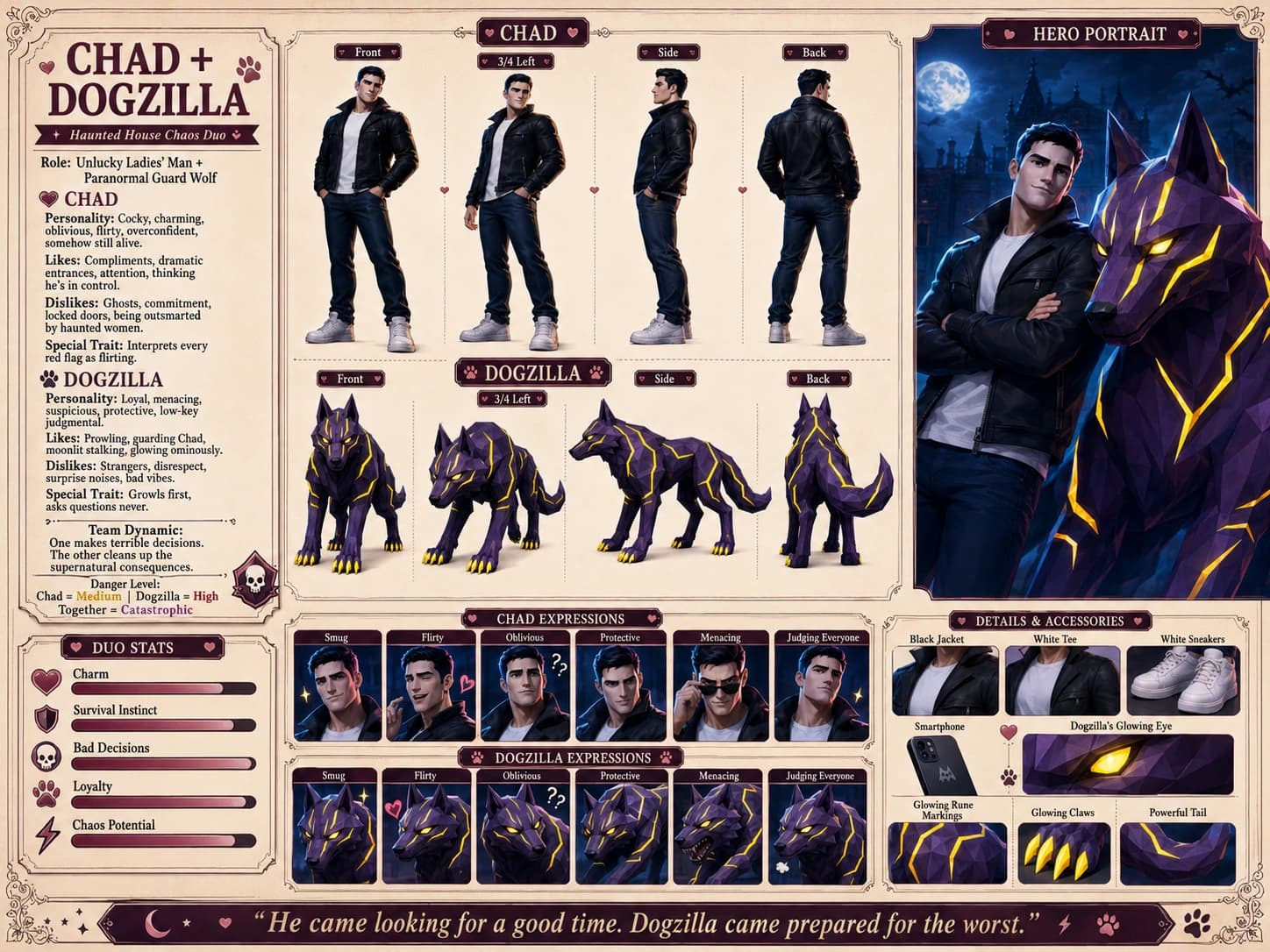 Ficha de personaje de Chad y Dogzilla del juego de novia IA — el dúo protagonista: Chad, un motero chulesco con chaqueta de cuero, y Dogzilla, su lobo guardián low-poly con runas, con poses, expresiones y estadísticas