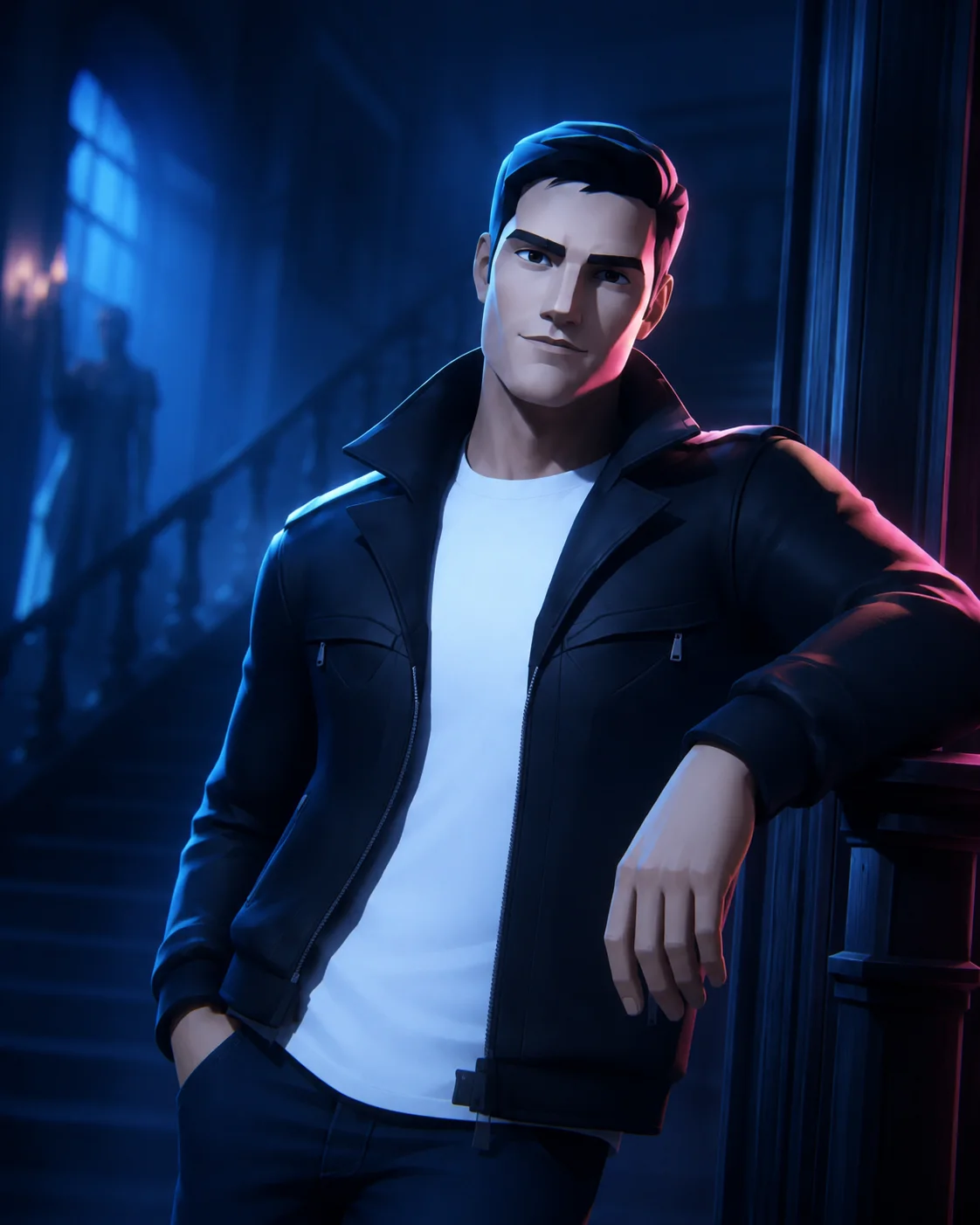 Chad leaning smugly on the mansion banister, oblivious to the ghost watching him from the stairs behind