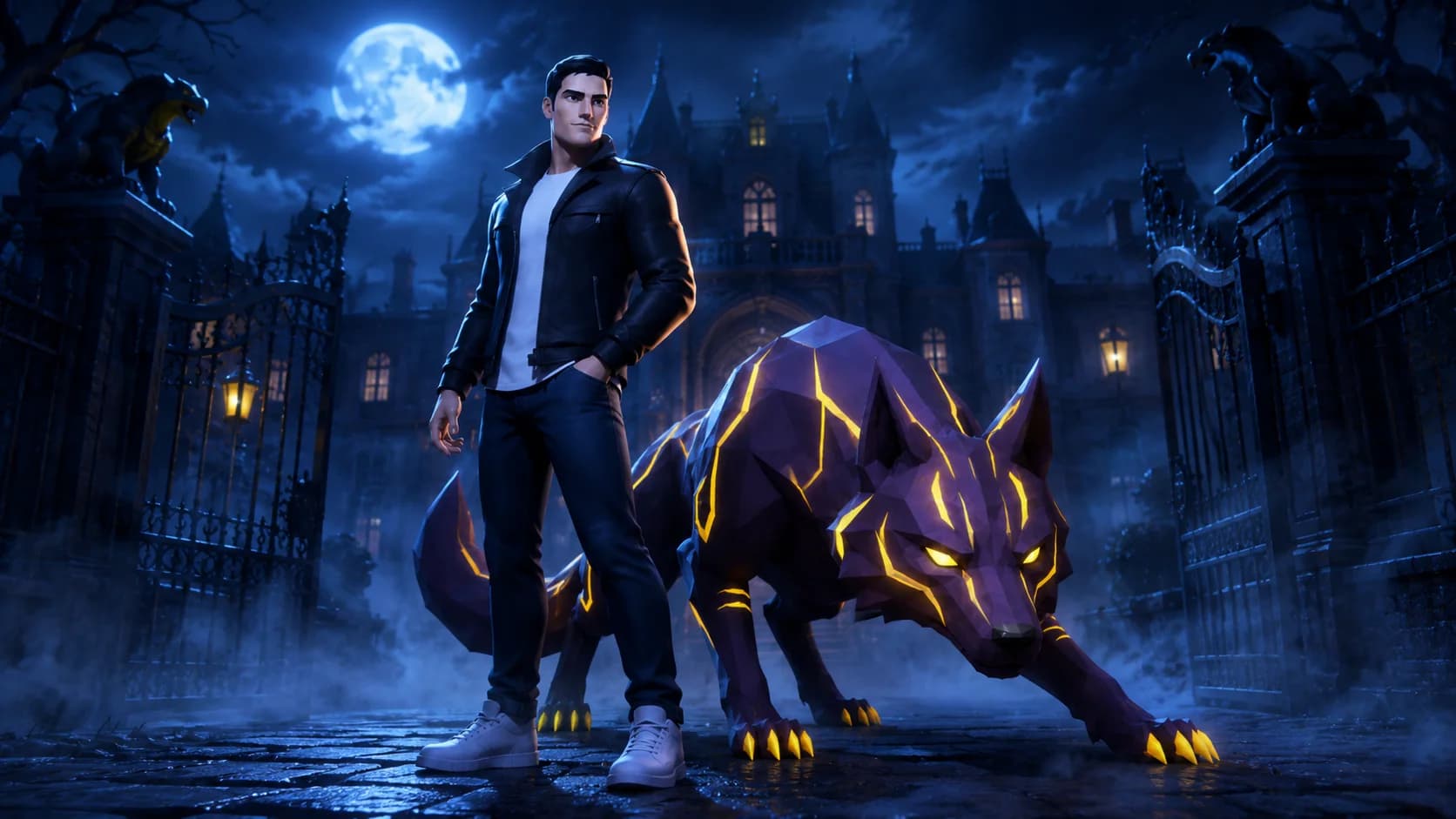 Chad standing confidently beside Dogzilla, his glowing rune-marked wolf, at the gates of the haunted mansion under a full moon