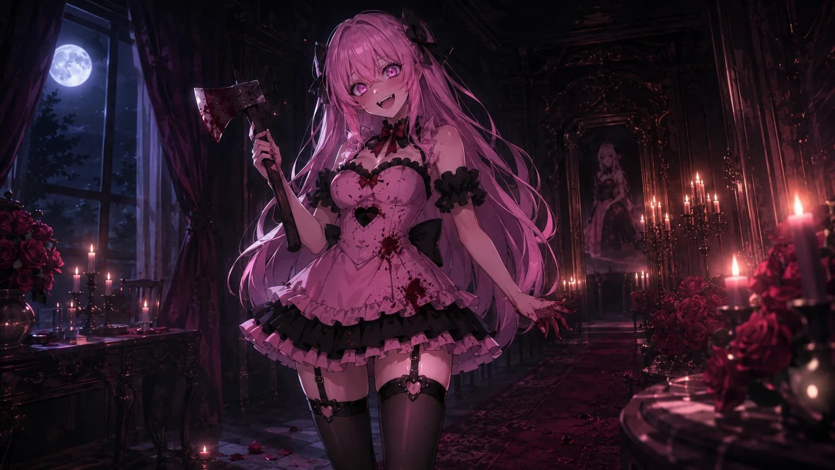 Yuna smiling sweetly in a candlelit gothic hall, holding a bloodstained axe