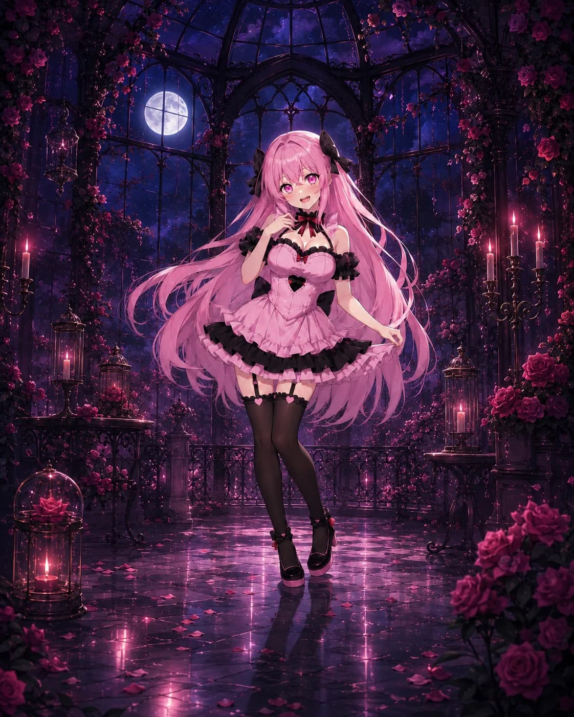 Yuna in a moonlit gothic rose conservatory ringed with birdcages — pink-haired yandere in a gothic-lolita dress