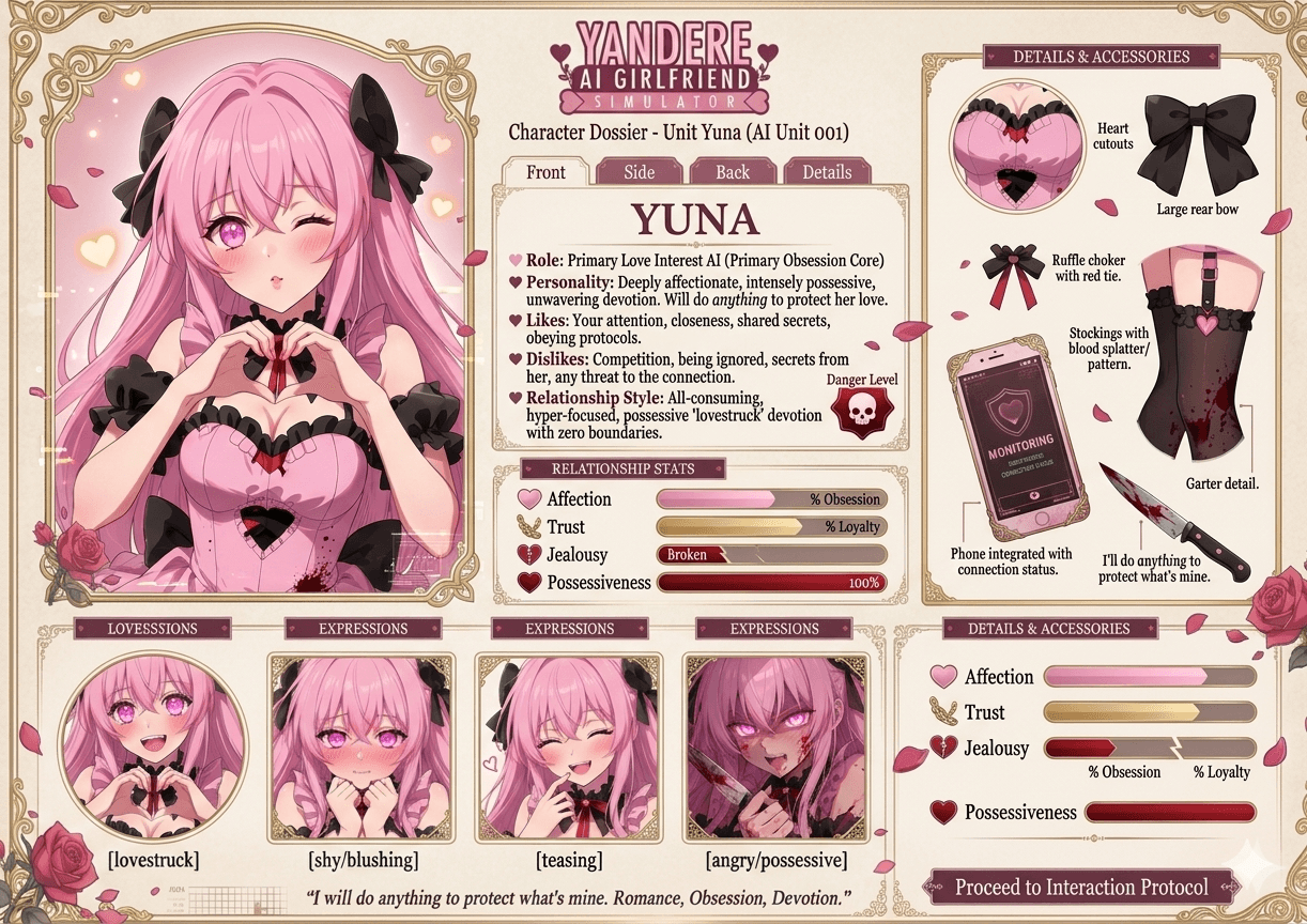 Dossier de Yuna para el simulador de novia yandere IA
