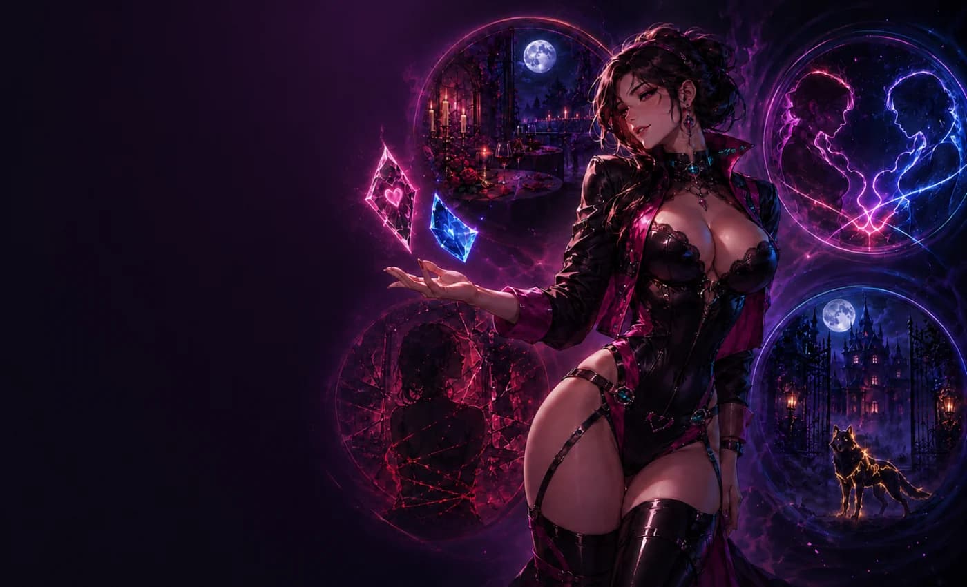Illustrated fantasy character surrounded by neon portals representing romance, suspense, and combat