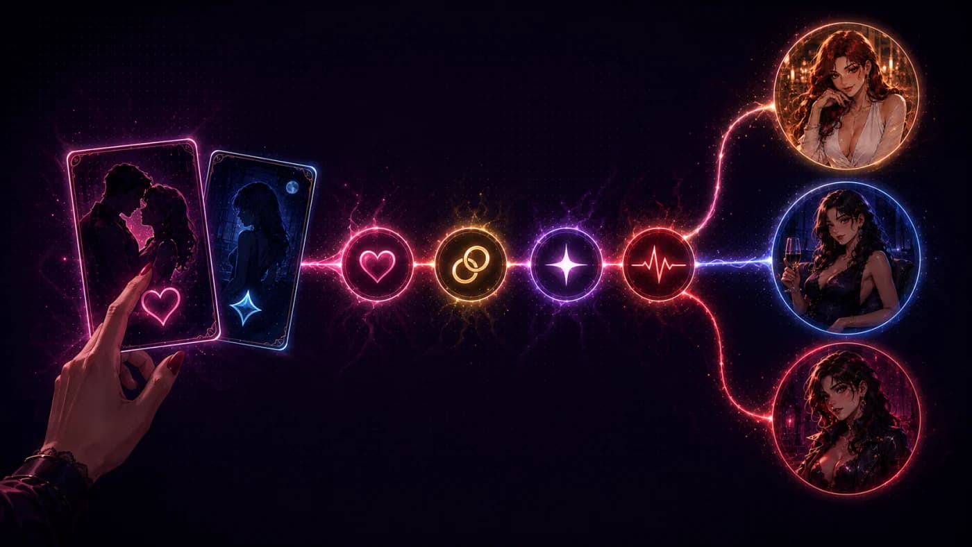 Illustration of a player choosing between story cards and possible reactions