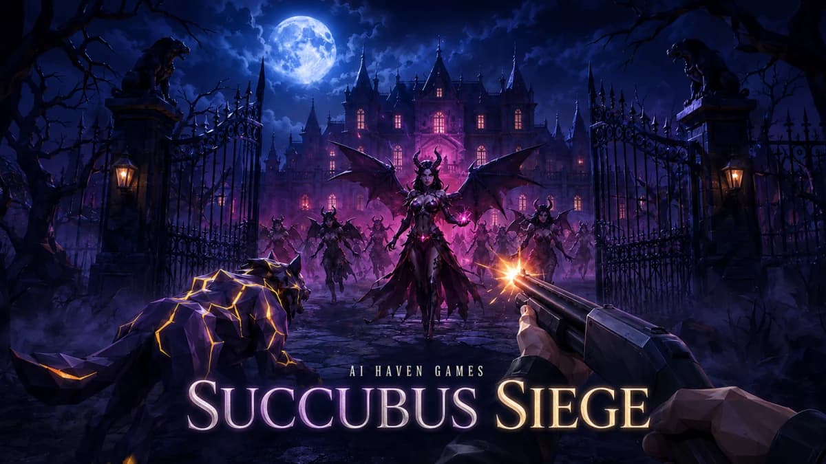 Illustrated fantasy battle outside a moonlit mansion for Succubus Siege