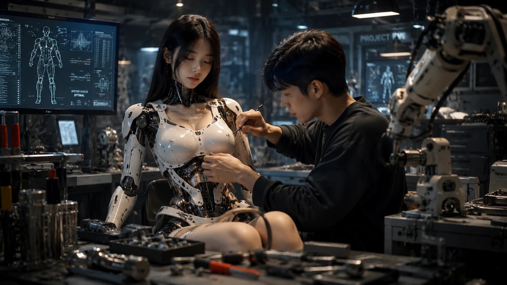 Technician inspecting a humanoid companion robot before purchase