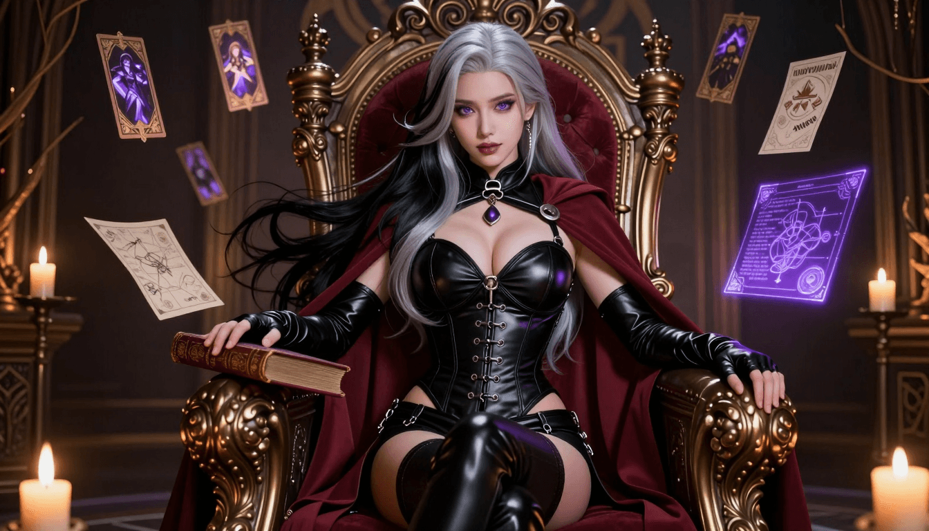 Guía de chatbot de juego de rol de IA con tarjetas de personajes de fantasía, libros de historia y paneles de historias ramificadas