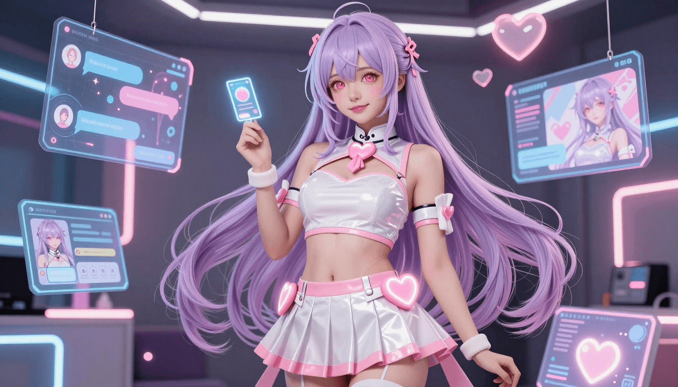 Guía de la aplicación AI Waifu con complemento de anime, pantallas de chat y paneles de personalización de personajes