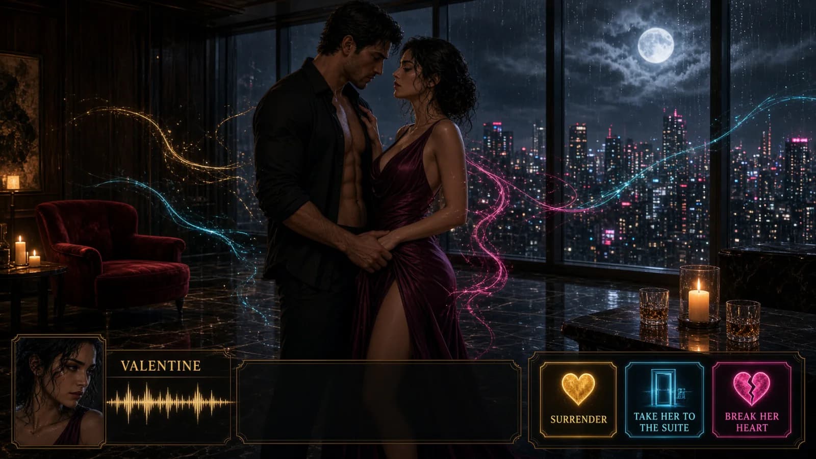 Adult visual novel scene with a couple in a rainy city suite, a dialogue portrait and three branching romance choices