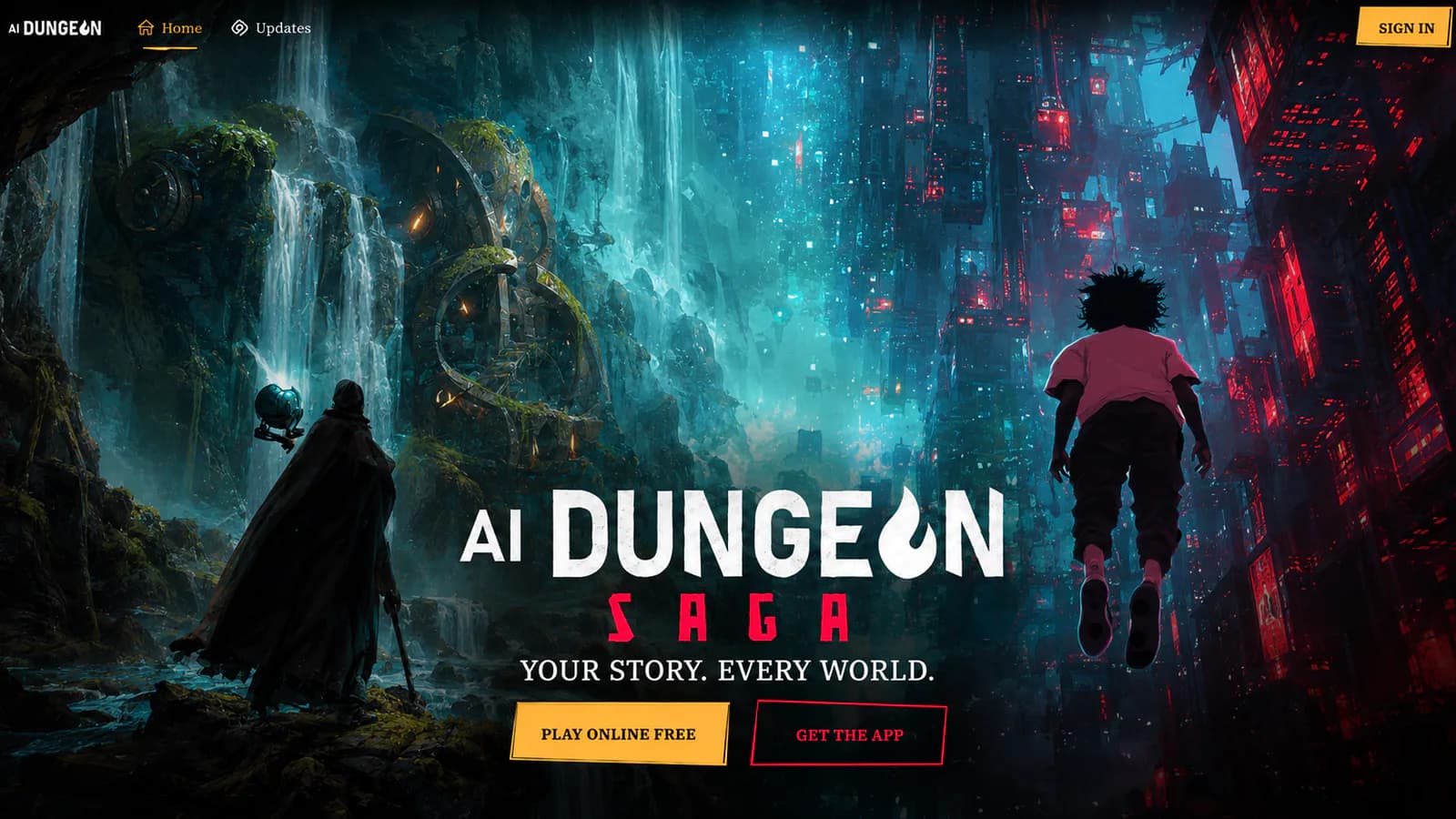AI Dungeon Saga artwork showing two adventurers entering contrasting fantasy worlds