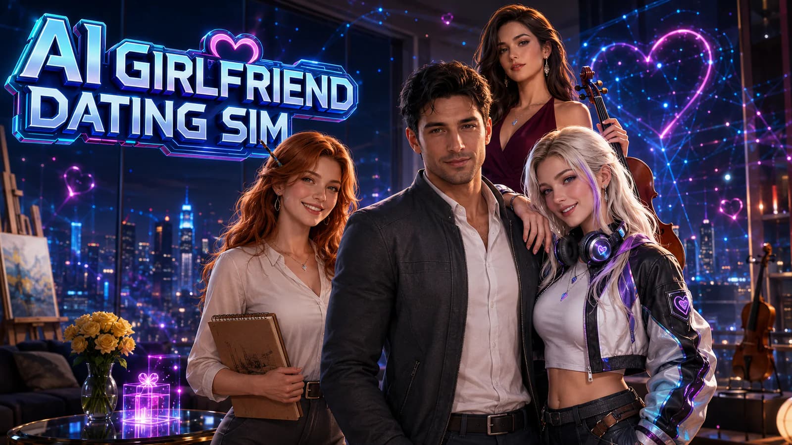 AI Girlfriend: Dating Sim artwork with one male lead and three potential matches in a neon city