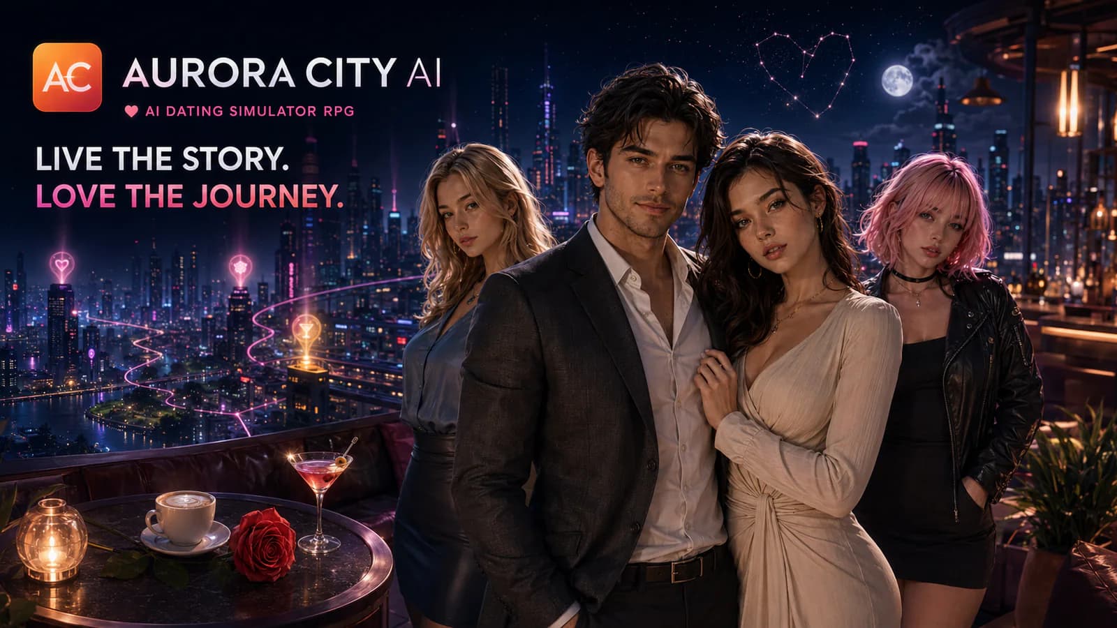 Aurora City AI dating simulator artwork with its Live the Story, Love the Journey message