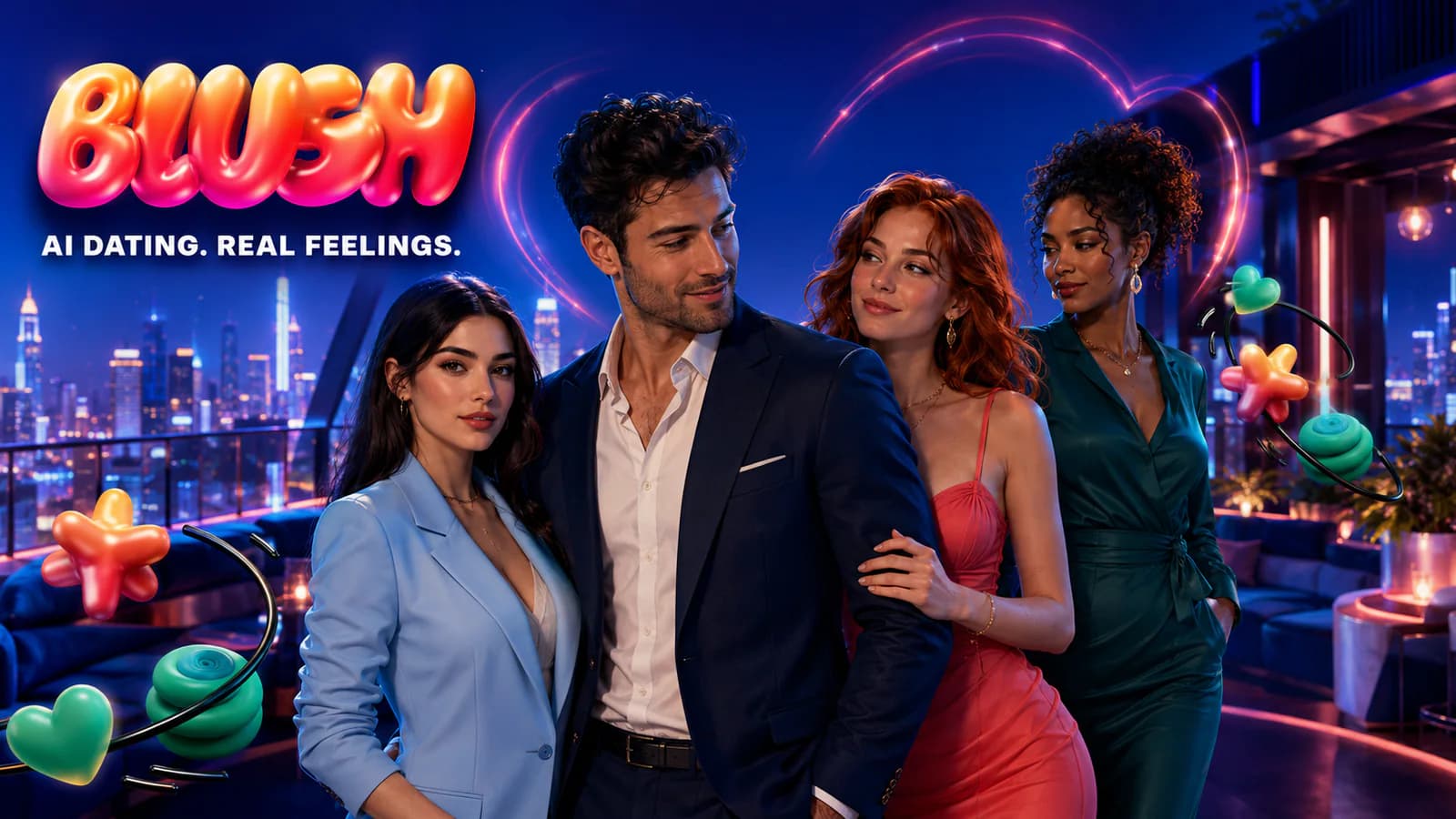Blush AI dating simulator artwork showing a group of potential dates on a neon rooftop