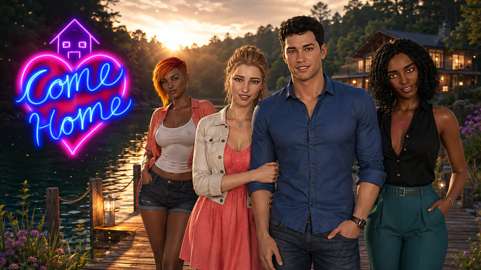Come Home visual novel artwork showing the lead character with three members of its cast