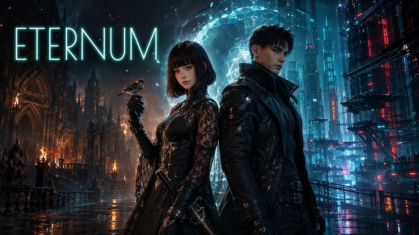Eternum visual novel artwork showing two characters between dark fantasy and cyberpunk worlds