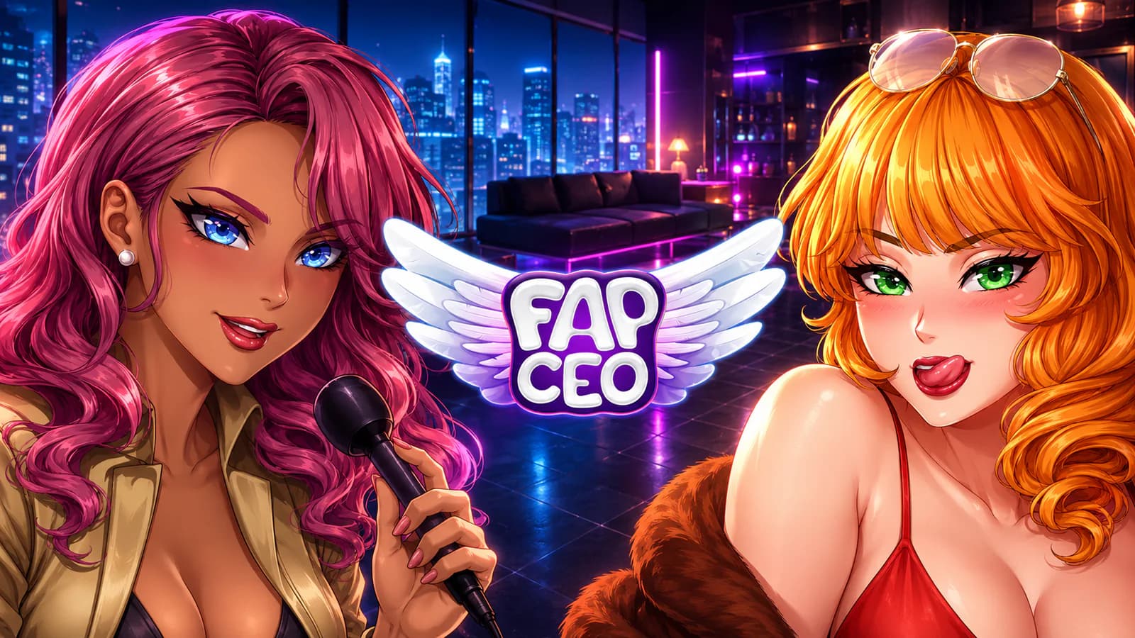 Fap CEO game artwork showing two illustrated performers in a neon studio