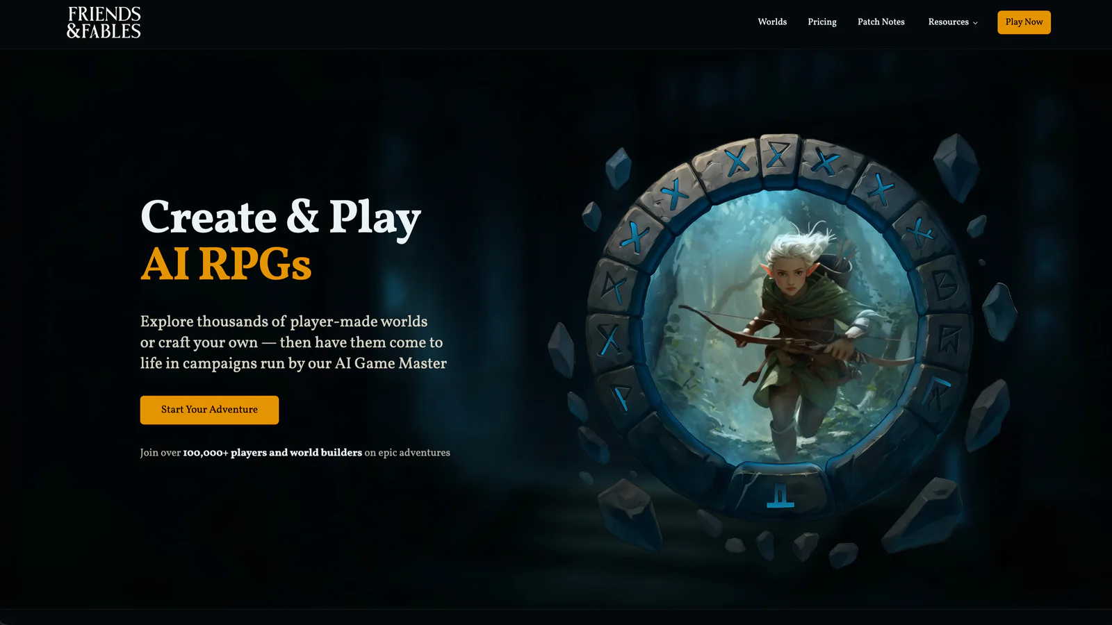Friends & Fables website showing its Create and Play AI RPGs campaign builder