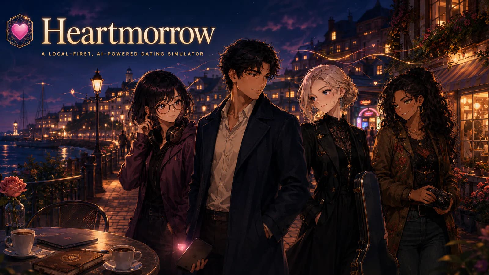 Heartmorrow local-first AI dating simulator artwork with four characters in a waterfront city