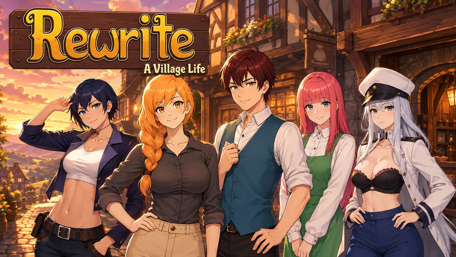 Rewrite: A Village Life artwork showing six illustrated characters in a village square