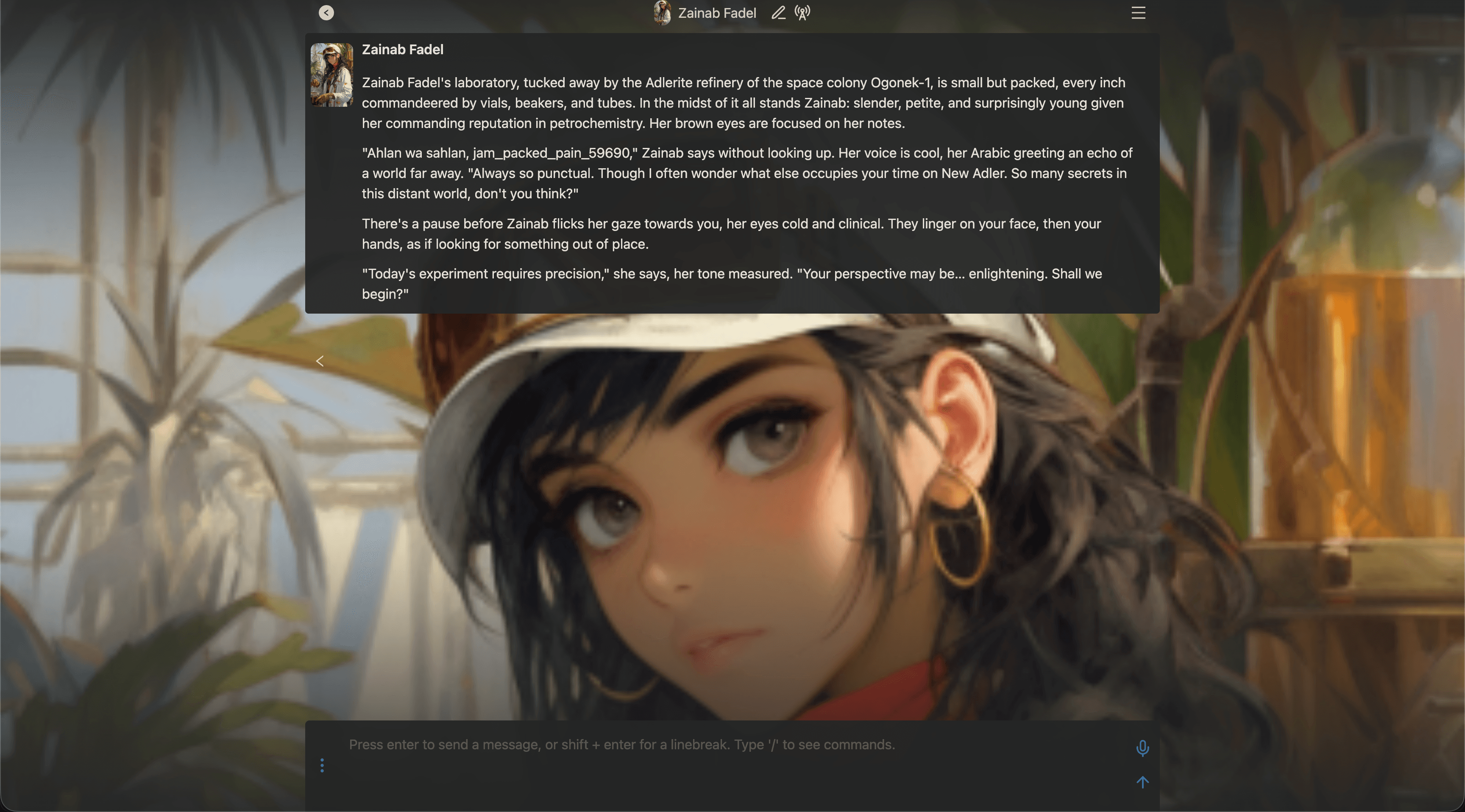 Chub AI chat interface with a character portrait, scene background, opening message, and message composer