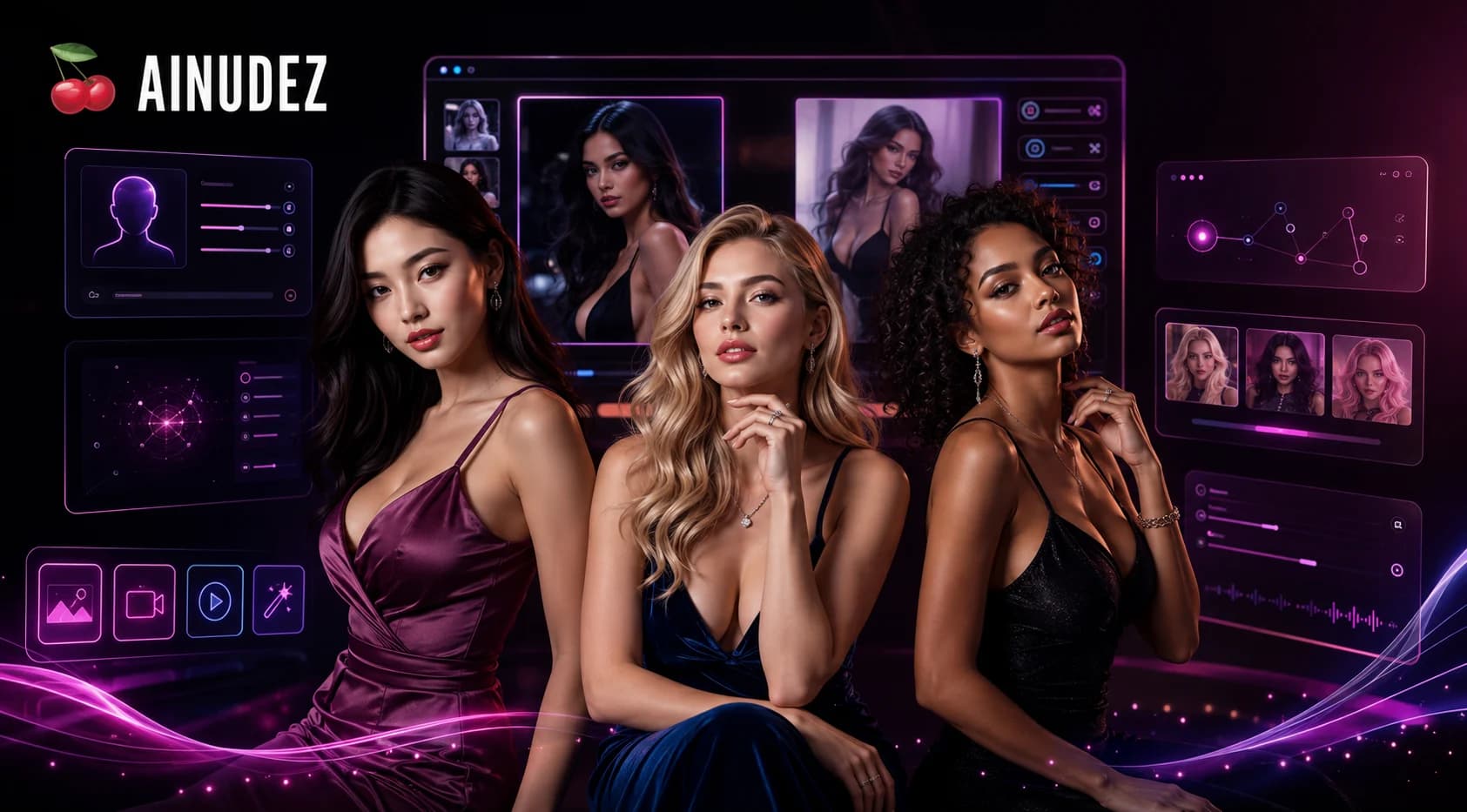 SFW AINUDEZ featured-image mockup showing three clothed women beside a purple creator interface