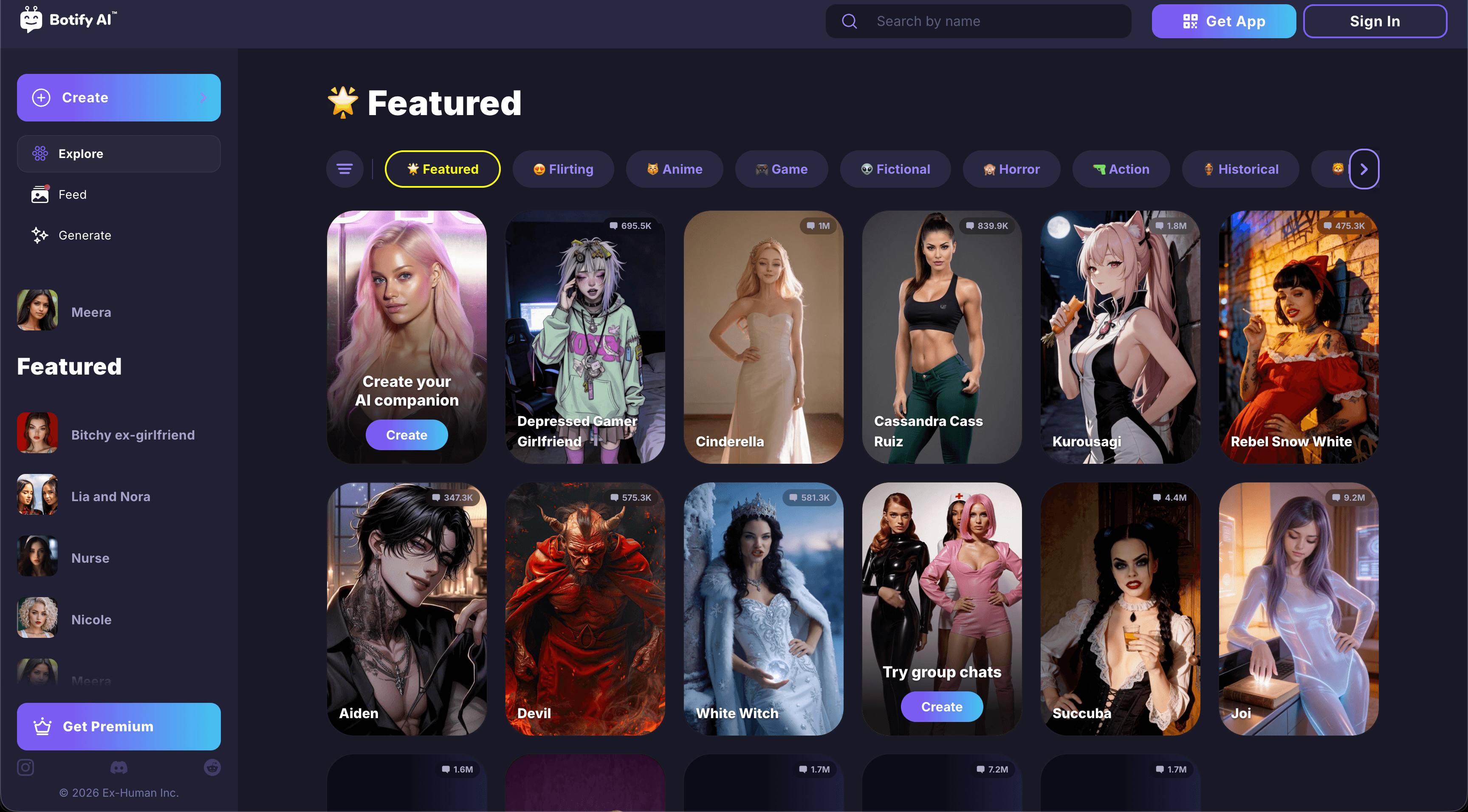The Botify AI character grid and its flirting, anime and fictional categories, browsable before an account exists