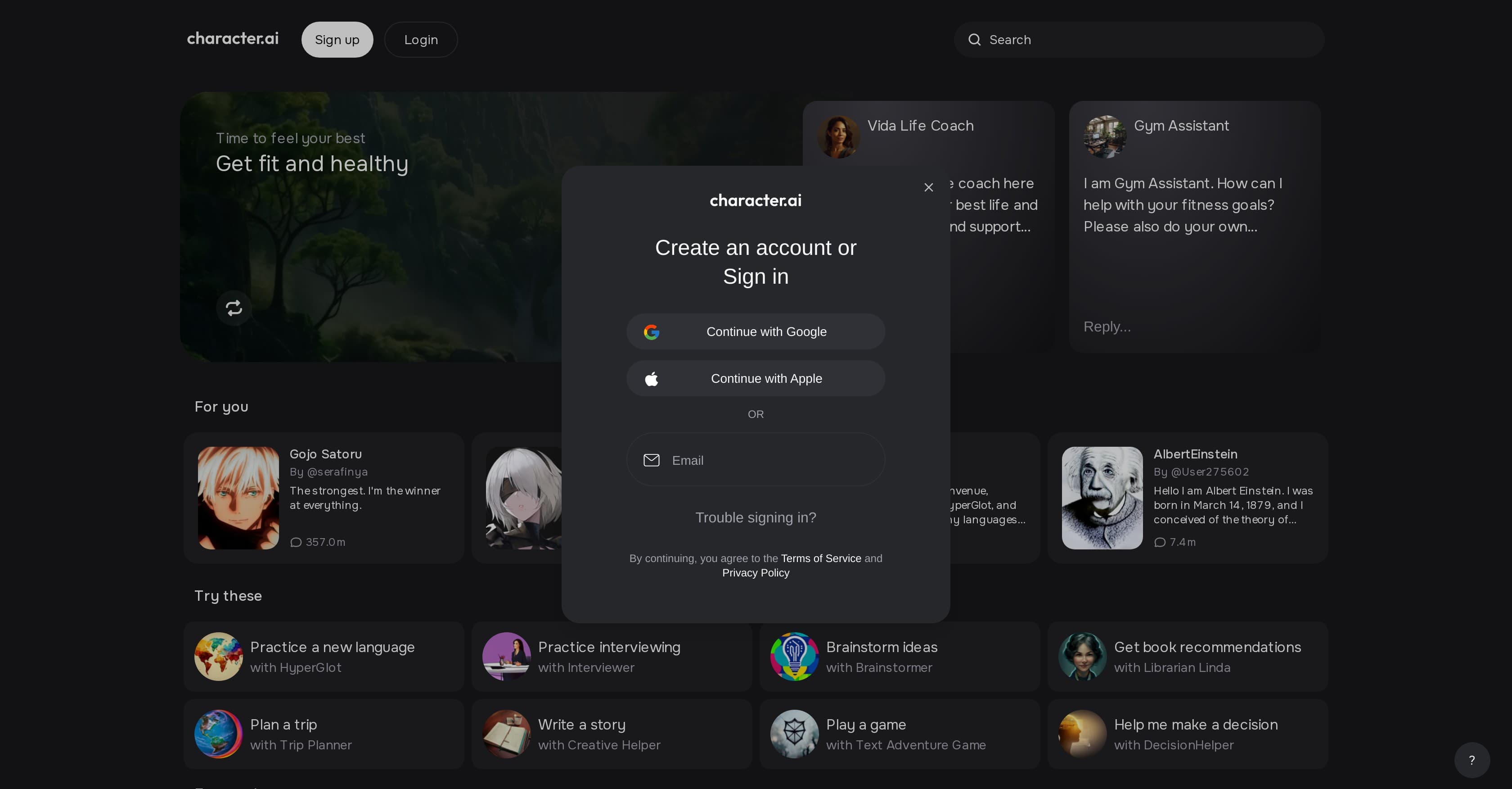 La interfaz de Character.AI con su biblioteca de personajes de la comunidad, el mayor volumen de chat gratuito de la selección y su filtro de contenido más estricto